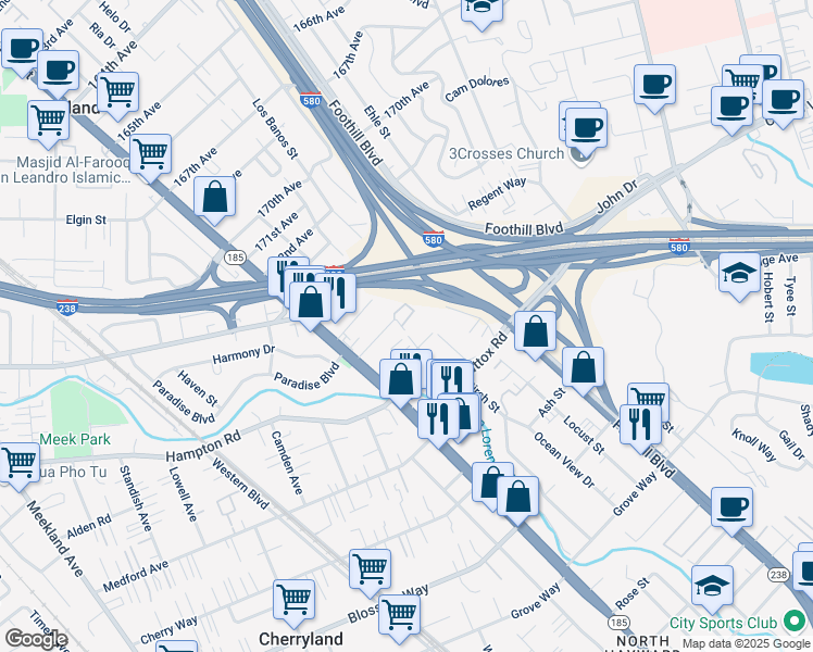 map of restaurants, bars, coffee shops, grocery stores, and more near 1251 Sandy Bridges Court in Hayward