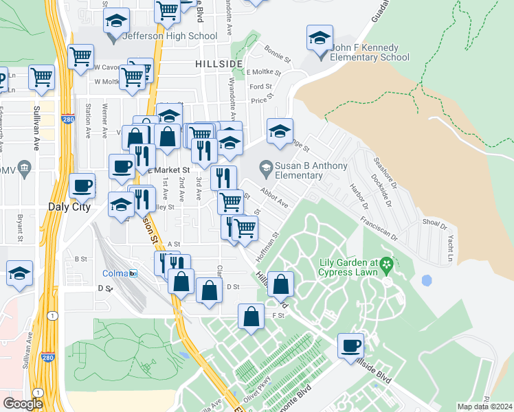 map of restaurants, bars, coffee shops, grocery stores, and more near 149 Chester Street in Daly City
