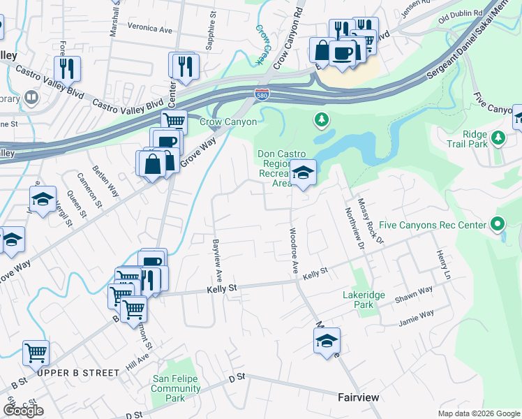 map of restaurants, bars, coffee shops, grocery stores, and more near 2973 Ralston Way in Hayward