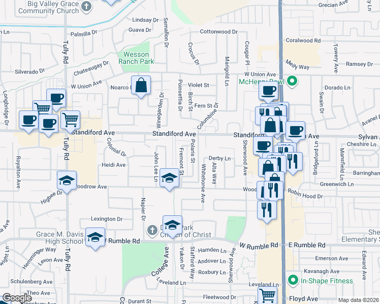 map of restaurants, bars, coffee shops, grocery stores, and more near 3405 Polaris St in Modesto