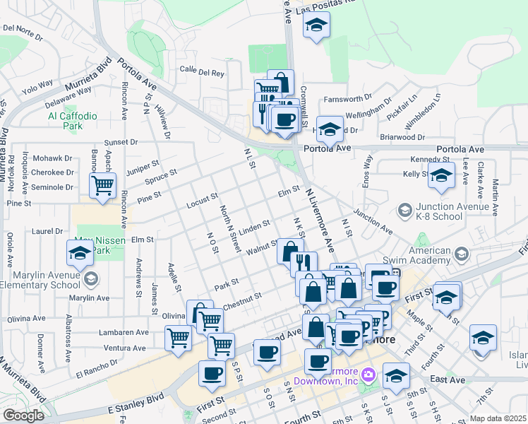 map of restaurants, bars, coffee shops, grocery stores, and more near 597 North L Street in Livermore