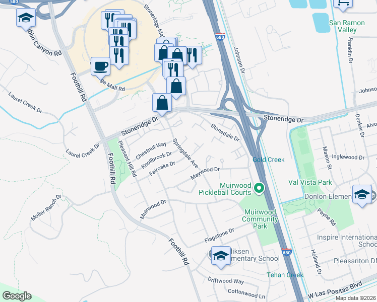 map of restaurants, bars, coffee shops, grocery stores, and more near 5293 Springdale Avenue in Pleasanton