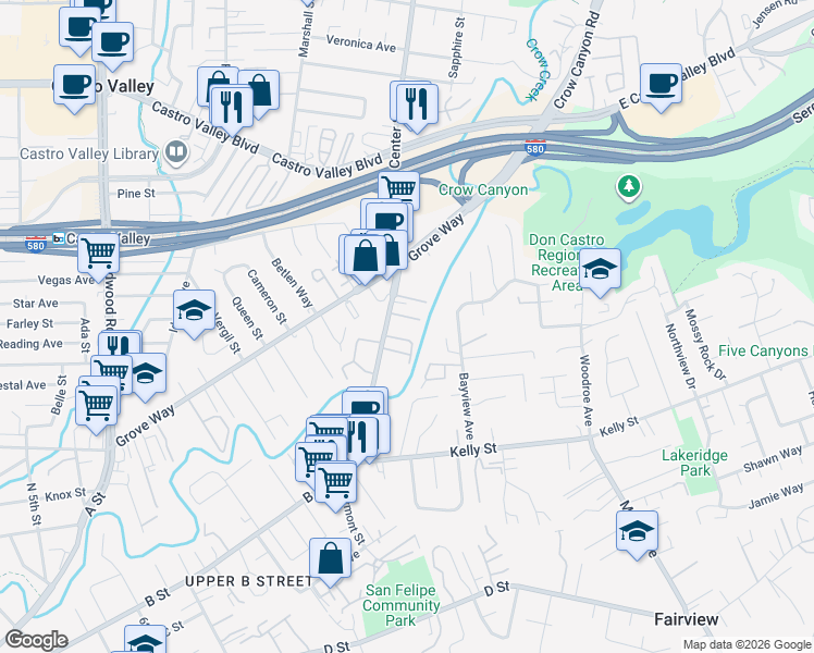 map of restaurants, bars, coffee shops, grocery stores, and more near 22240 Center Street in Castro Valley