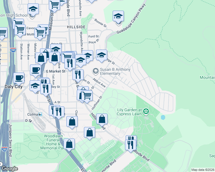 map of restaurants, bars, coffee shops, grocery stores, and more near 697 Abbot Avenue in Daly City