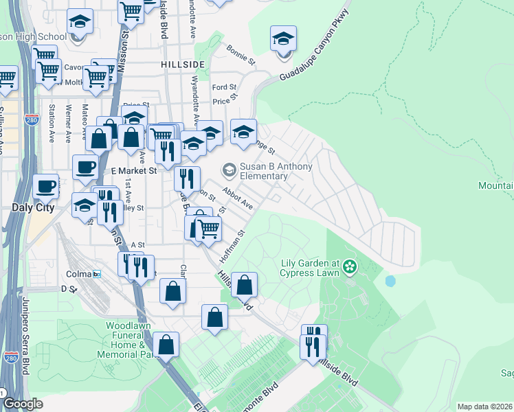 map of restaurants, bars, coffee shops, grocery stores, and more near 697 Abbot Avenue in Daly City
