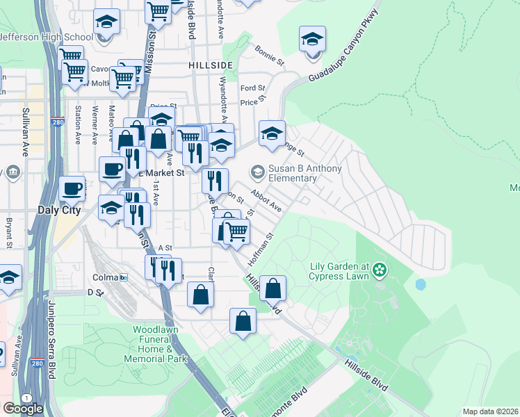map of restaurants, bars, coffee shops, grocery stores, and more near in San Mateo County