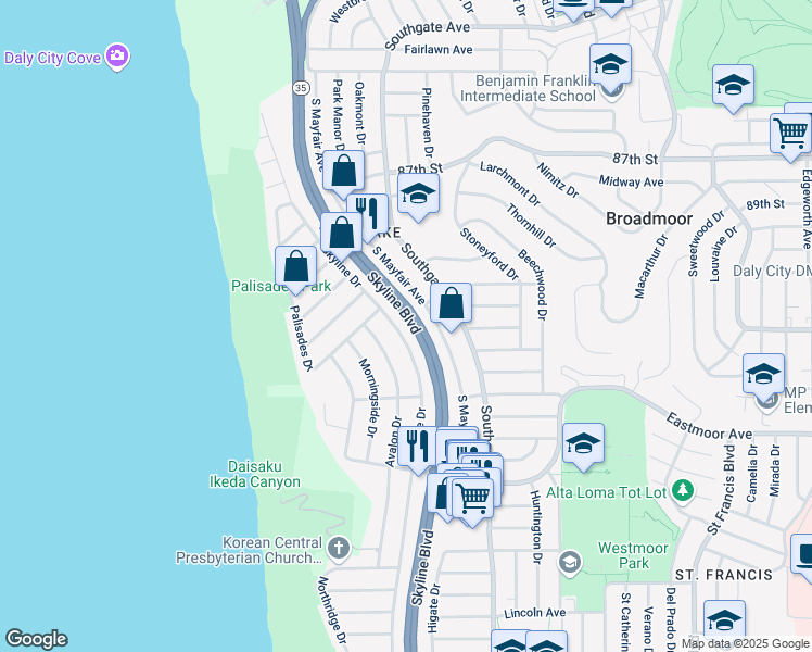 map of restaurants, bars, coffee shops, grocery stores, and more near 345 Skyline Drive in Daly City