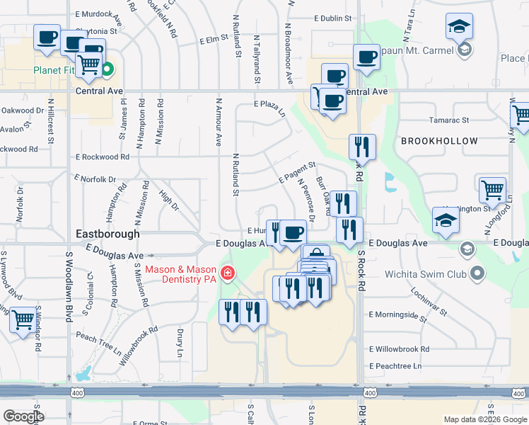 map of restaurants, bars, coffee shops, grocery stores, and more near 107 North Brendonwood Court in Wichita
