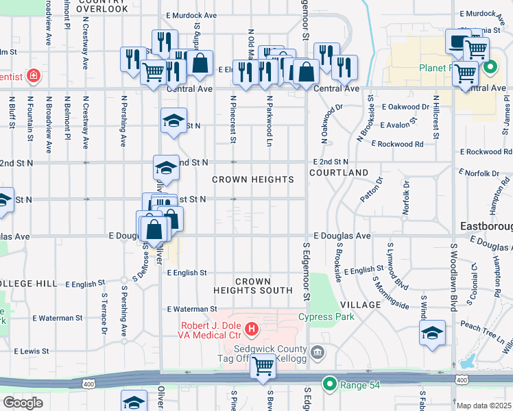 map of restaurants, bars, coffee shops, grocery stores, and more near 133 North Old Manor Road in Wichita