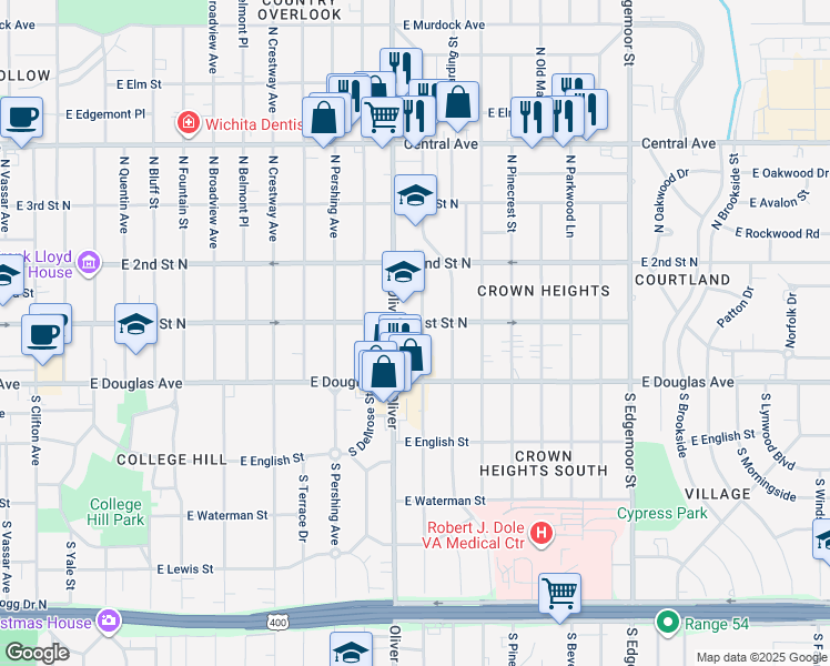 map of restaurants, bars, coffee shops, grocery stores, and more near 133 North Glendale Street in Wichita
