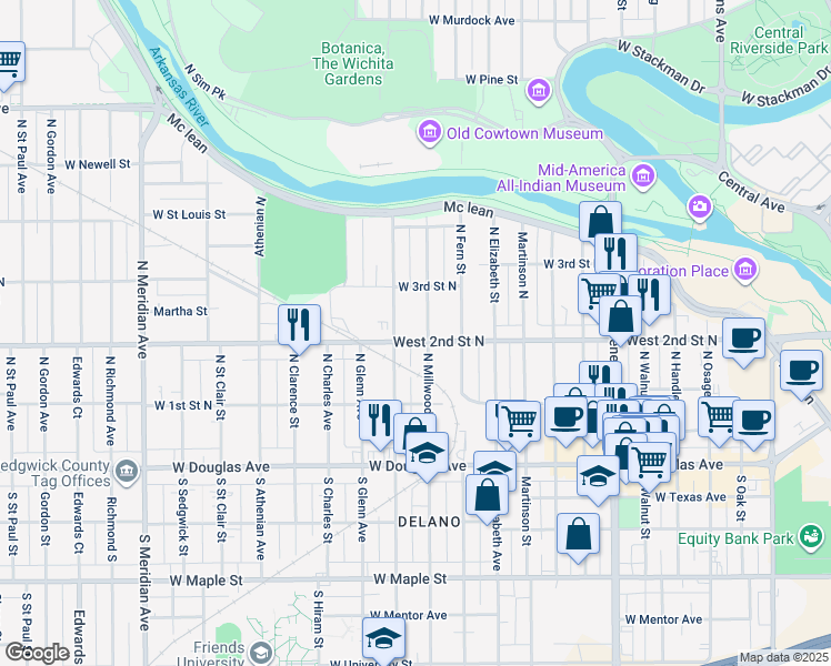 map of restaurants, bars, coffee shops, grocery stores, and more near 255 Millwood North in Wichita