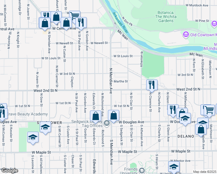 map of restaurants, bars, coffee shops, grocery stores, and more near in Wichita