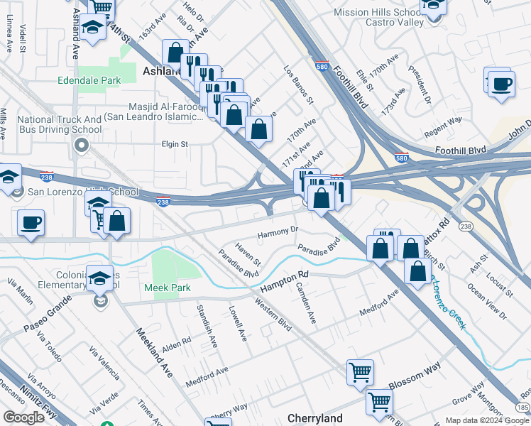 map of restaurants, bars, coffee shops, grocery stores, and more near 888 East Lewelling Boulevard in Hayward