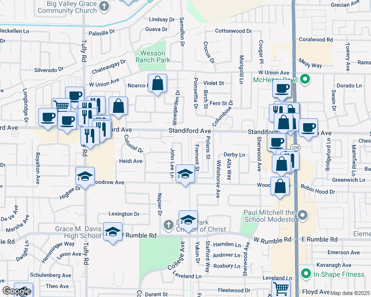 map of restaurants, bars, coffee shops, grocery stores, and more near 3416 Brunswick Street in Modesto