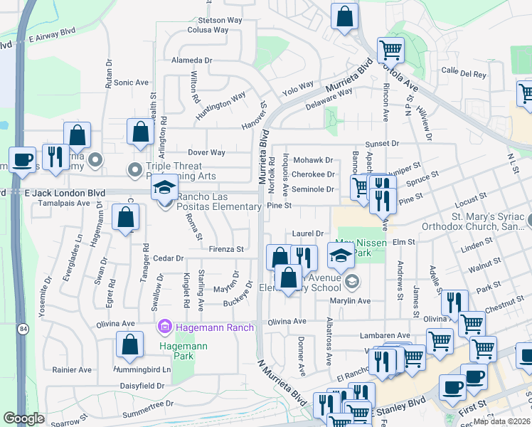 map of restaurants, bars, coffee shops, grocery stores, and more near 707 Sandpiper Common in Livermore
