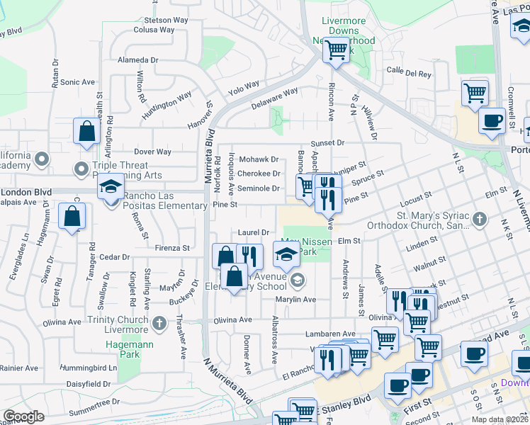 map of restaurants, bars, coffee shops, grocery stores, and more near 826 Dakota Court in Livermore