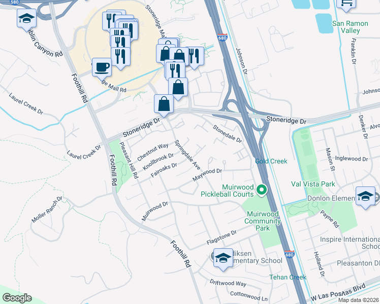map of restaurants, bars, coffee shops, grocery stores, and more near 5293 Springdale Avenue in Pleasanton