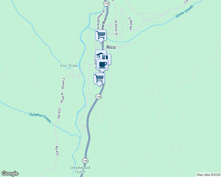 map of restaurants, bars, coffee shops, grocery stores, and more near 300 South Commercial Street in Rico