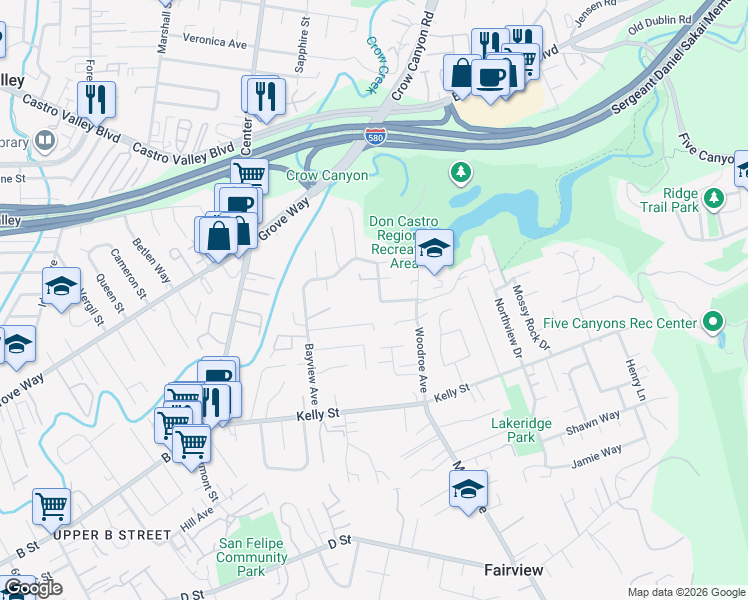 map of restaurants, bars, coffee shops, grocery stores, and more near 2973 Ralston Way in Hayward