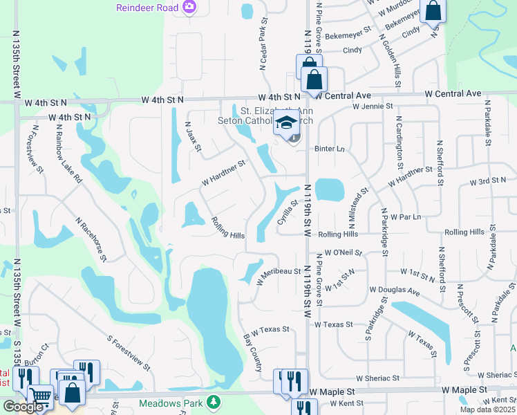 map of restaurants, bars, coffee shops, grocery stores, and more near 499 Bay Country Court in Wichita