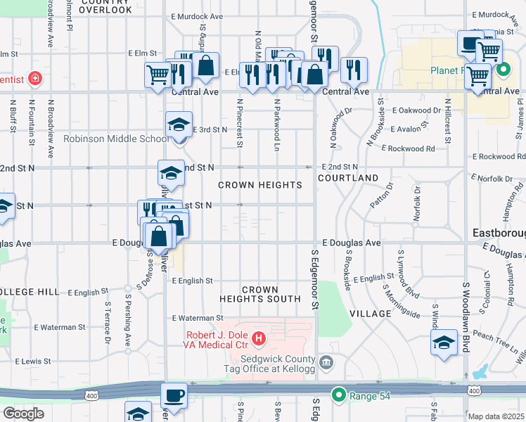 map of restaurants, bars, coffee shops, grocery stores, and more near 133 North Old Manor Road in Wichita