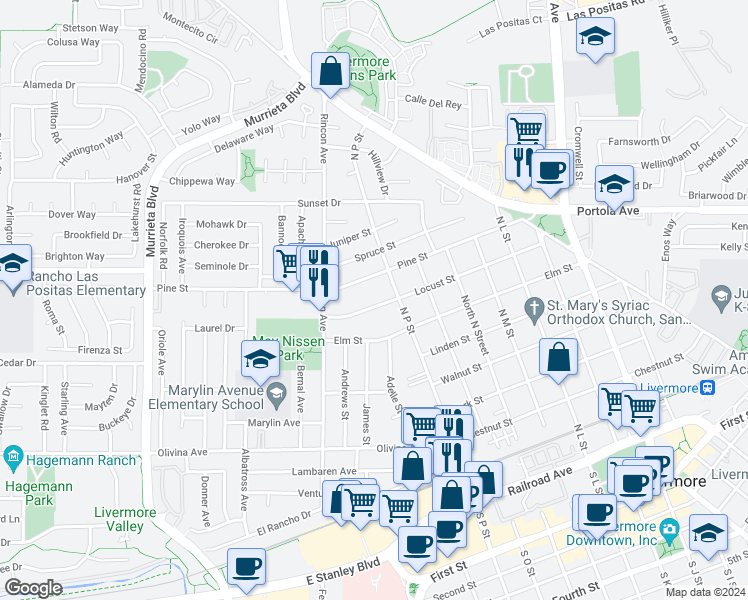 map of restaurants, bars, coffee shops, grocery stores, and more near 1438 Locust Street in Livermore