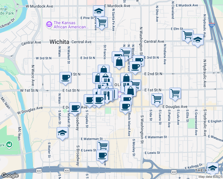map of restaurants, bars, coffee shops, grocery stores, and more near 201 North Santa Fe Avenue in Wichita
