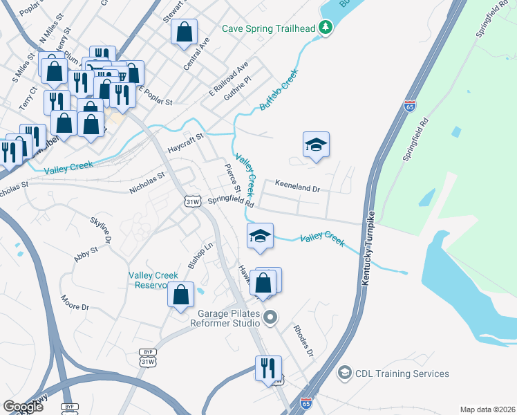 map of restaurants, bars, coffee shops, grocery stores, and more near 221 Springfield Road in Elizabethtown