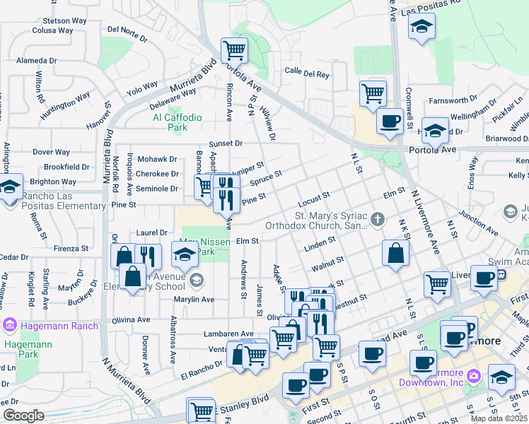 map of restaurants, bars, coffee shops, grocery stores, and more near 1438 Locust Street in Livermore