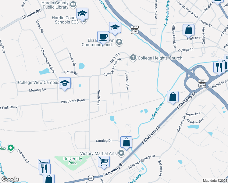 map of restaurants, bars, coffee shops, grocery stores, and more near 411 College View Drive in Elizabethtown