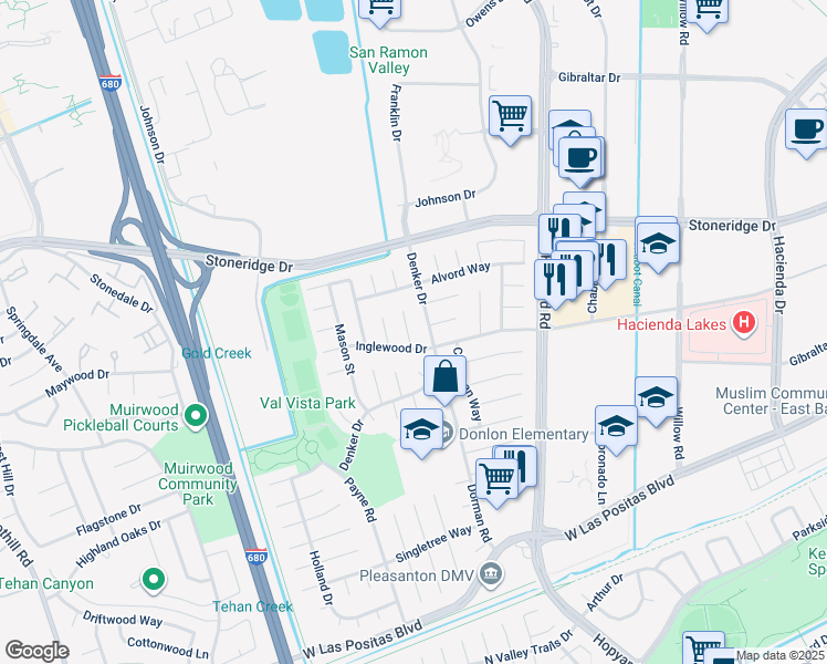 map of restaurants, bars, coffee shops, grocery stores, and more near 4531 Harper Court in Pleasanton