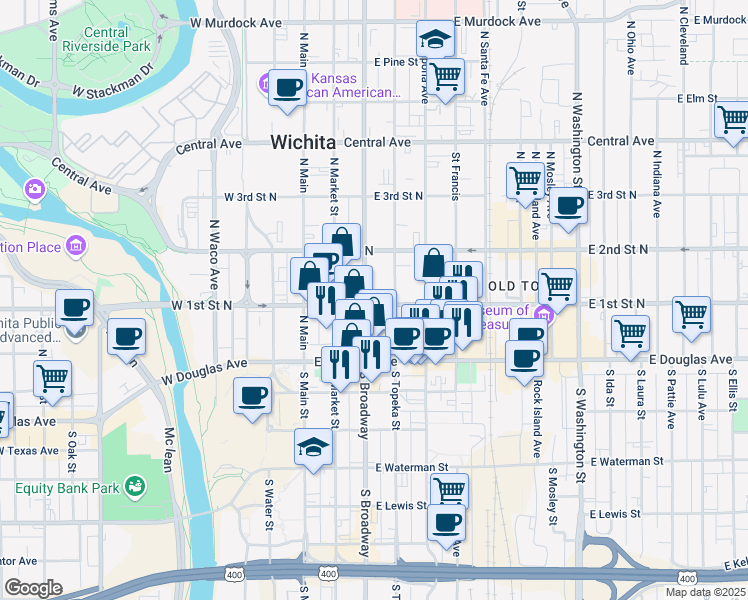 map of restaurants, bars, coffee shops, grocery stores, and more near 100 North Broadway in Wichita