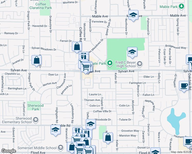 map of restaurants, bars, coffee shops, grocery stores, and more near 19 Buttonwillow Drive in Modesto