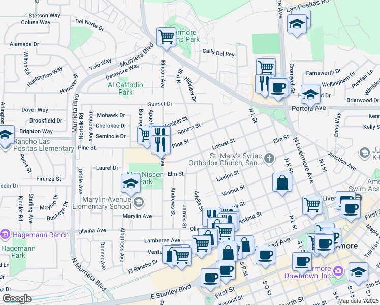 map of restaurants, bars, coffee shops, grocery stores, and more near 1525 Locust Street in Livermore