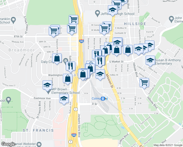 map of restaurants, bars, coffee shops, grocery stores, and more near 200 San Pedro Road in Daly City