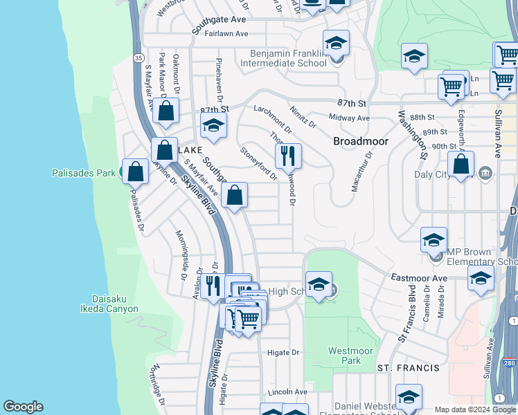 map of restaurants, bars, coffee shops, grocery stores, and more near 66 Westfield Avenue in Daly City