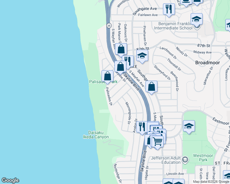 map of restaurants, bars, coffee shops, grocery stores, and more near 239 Palisades Drive in Daly City