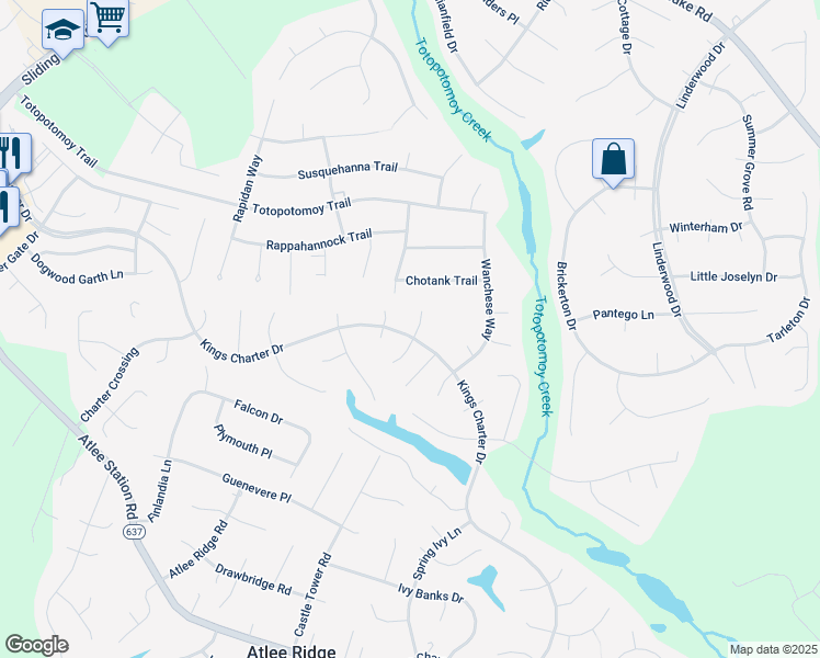 map of restaurants, bars, coffee shops, grocery stores, and more near 10297 Bealeton Court in Mechanicsville