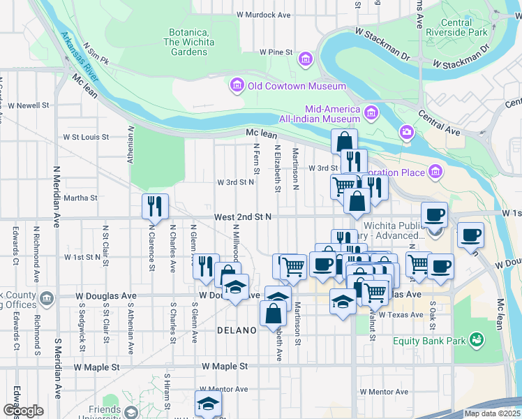 map of restaurants, bars, coffee shops, grocery stores, and more near 259 Fern North in Wichita