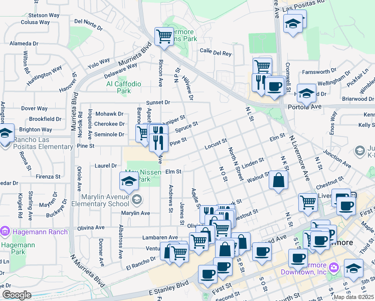 map of restaurants, bars, coffee shops, grocery stores, and more near 1464 Locust Street in Livermore