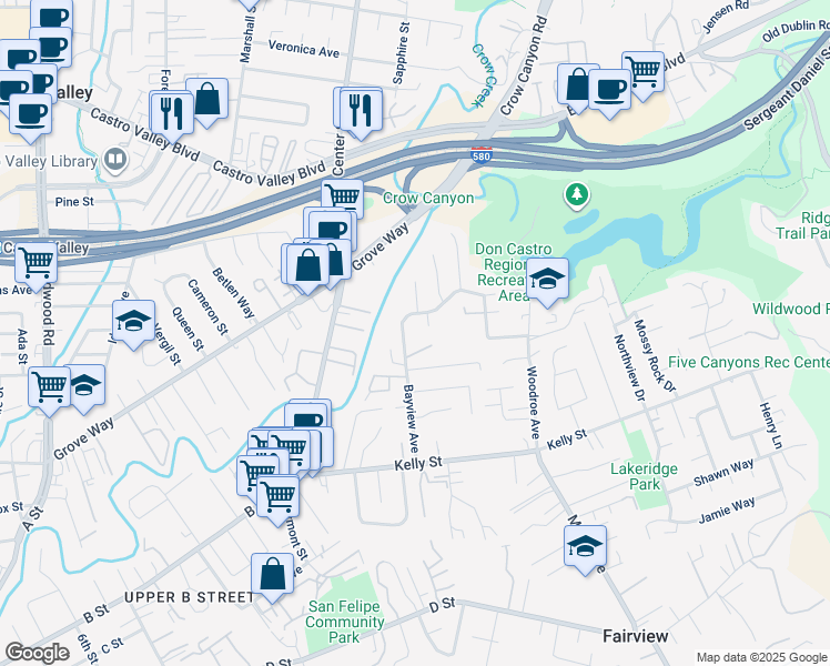 map of restaurants, bars, coffee shops, grocery stores, and more near 22490 Bayview Avenue in Hayward