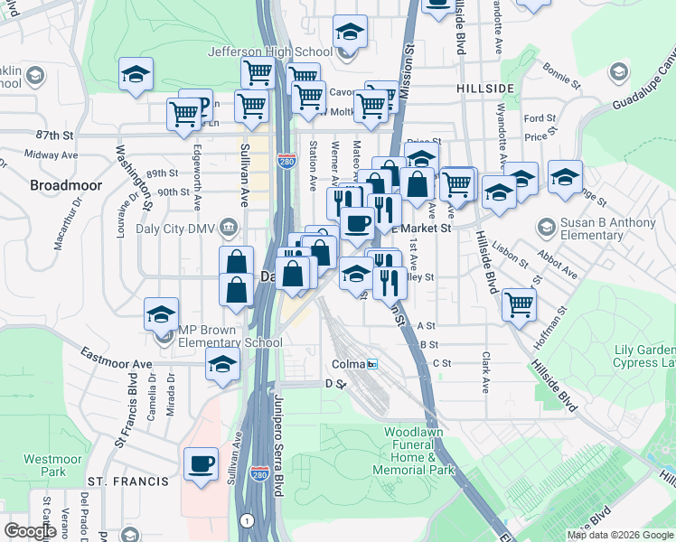 map of restaurants, bars, coffee shops, grocery stores, and more near 20 Reiner Street in Colma