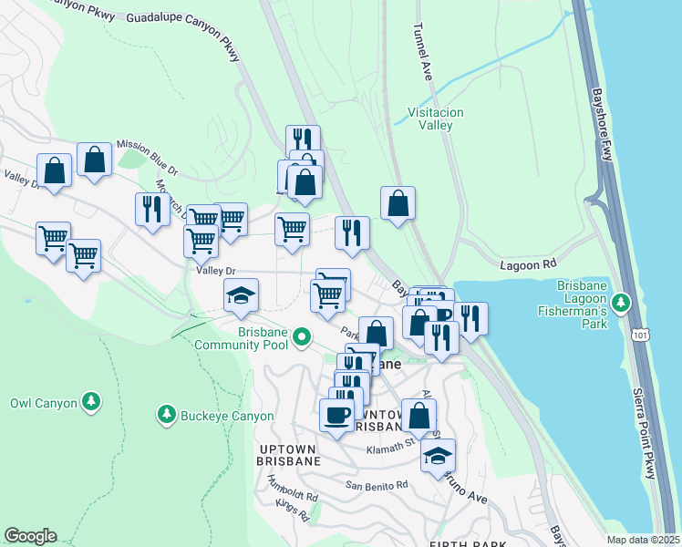 map of restaurants, bars, coffee shops, grocery stores, and more near 180 Park Lane in Brisbane