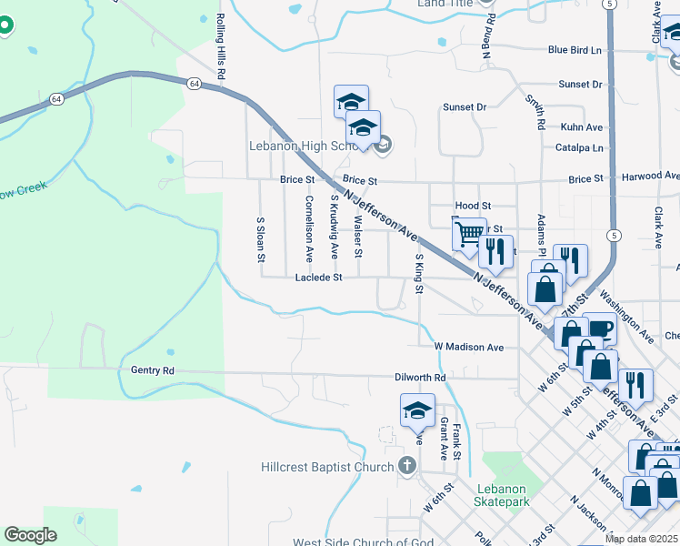 map of restaurants, bars, coffee shops, grocery stores, and more near 306 South Krudwig Avenue in Lebanon