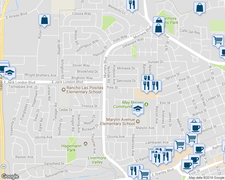 map of restaurants, bars, coffee shops, grocery stores, and more near 761 Pine Street in Livermore