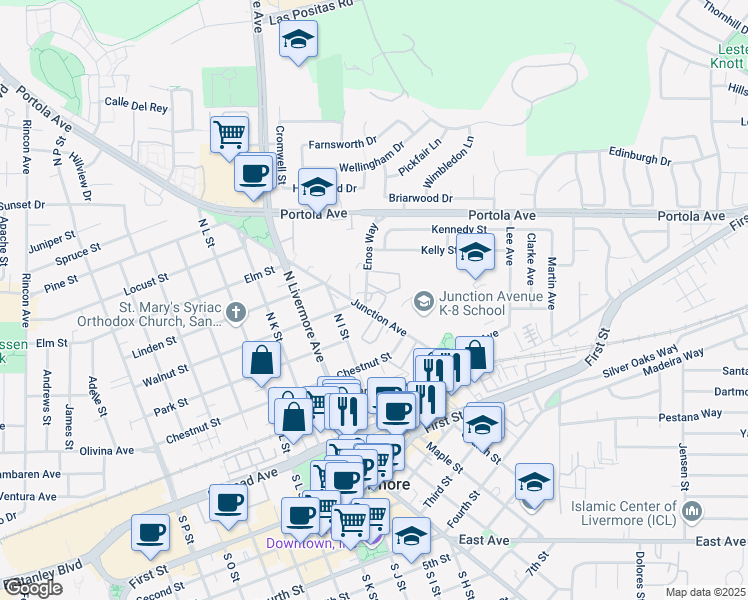 map of restaurants, bars, coffee shops, grocery stores, and more near 425 Junction Avenue in Livermore