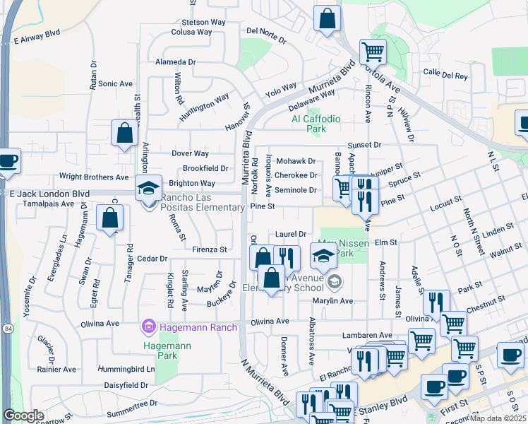 map of restaurants, bars, coffee shops, grocery stores, and more near 761 Pine Street in Livermore