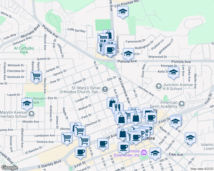 map of restaurants, bars, coffee shops, grocery stores, and more near 597 North L Street in Livermore