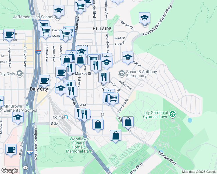 map of restaurants, bars, coffee shops, grocery stores, and more near in Daly City