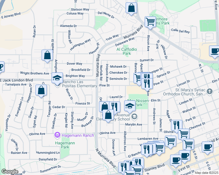map of restaurants, bars, coffee shops, grocery stores, and more near 775 Partridge Common in Livermore
